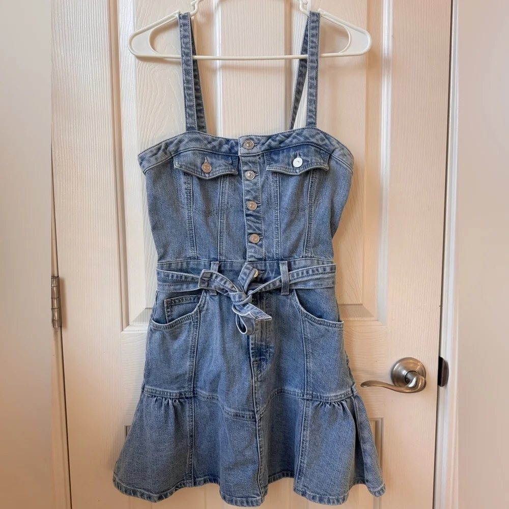 7 for all Mankind Surplus Flounce Denim Mini Dress with Adjustable Straps XS - Picture 4 of 10
